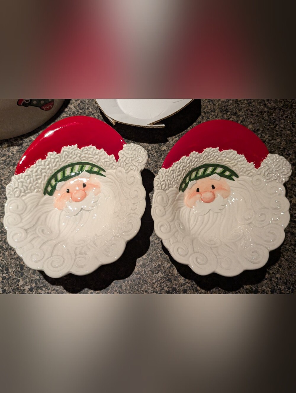 2007 Fitz and Floyd Santa Face Ceramic Holiday Snack Bowls - Red, White, Green